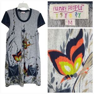 Anthropologie Funky People Butterfly Velvet Trim Gray Knit Boho Dress Medium